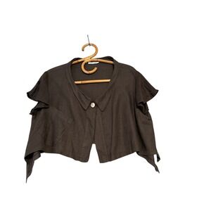 Banana Blue | Grey Linen Short Sleeve Cropped Lagenlook Top Size XS